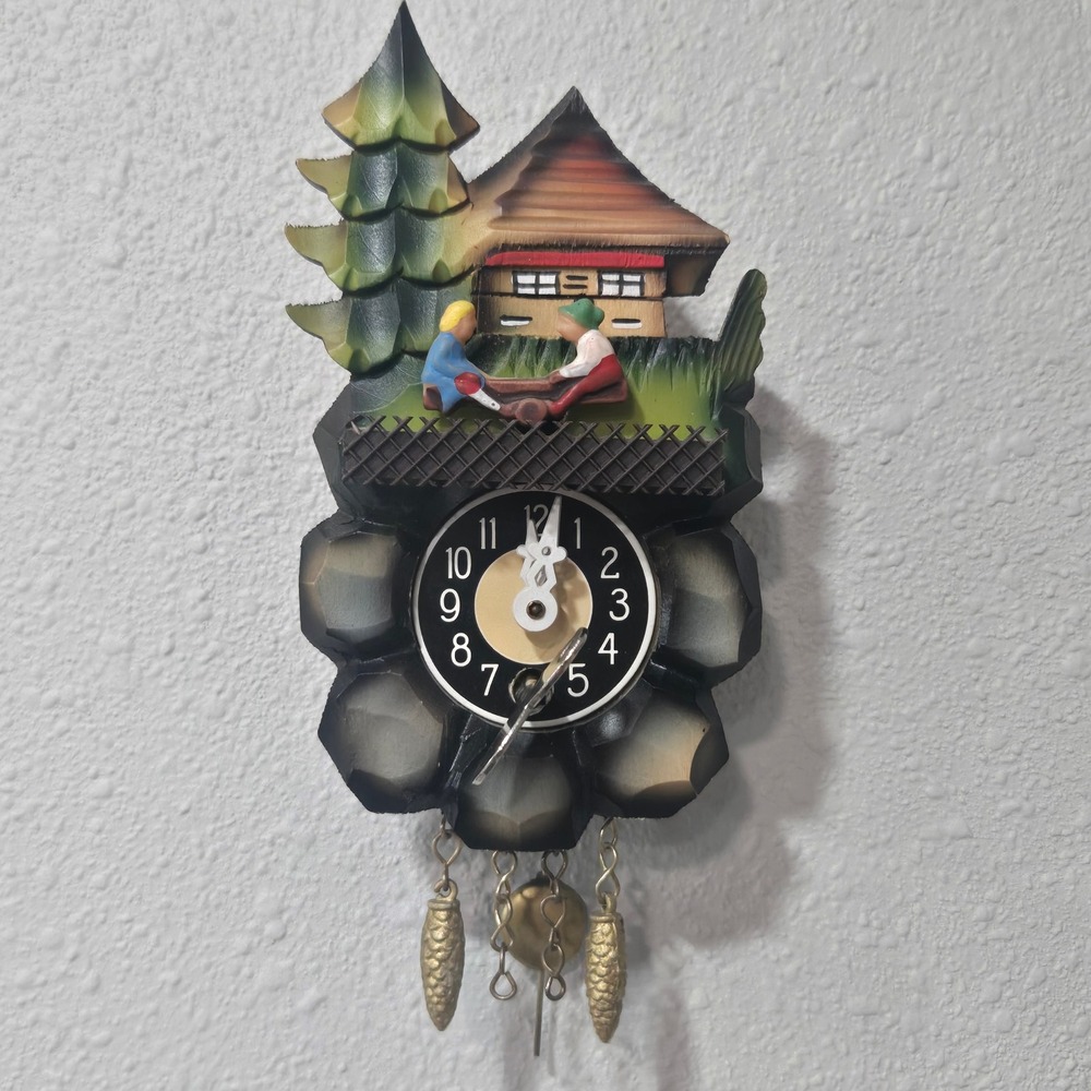 Vintage Miniature Woodcutters Chalet Wind Up Wall Clock with Key and Manual